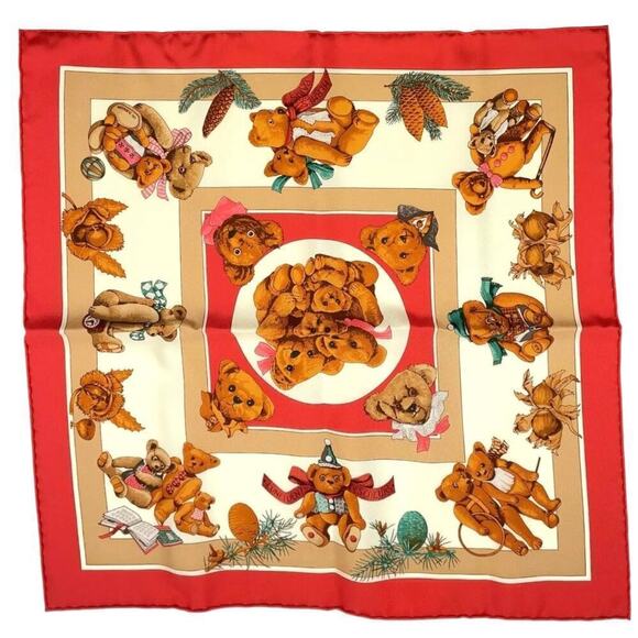 HERMES Vintage Carré 40cm 16” Teddy Bear Red Multicolor Silk Scarf W/Box NWT - Picture 2 of 15